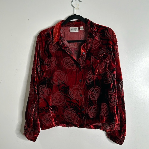Chico's slik blend burgundy red burn out velvet blouse size 2 gothic Fariy - Picture 4 of 11